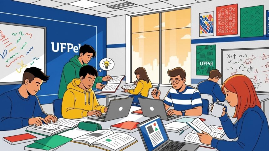Estudantes estudam juntos em sala da UFPel com livros e notebooks sobre as mesas.