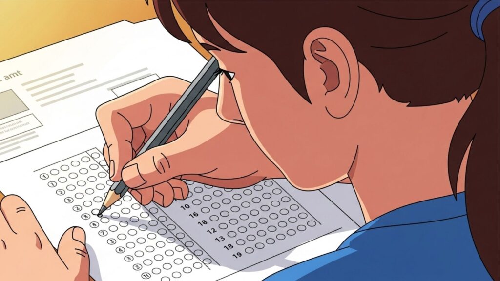 Pessoa preenche cartão-resposta com lápis durante prova de múltipla escolha.