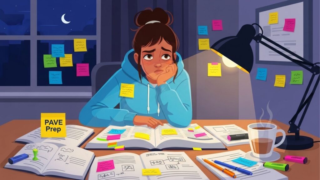 Garota estuda à noite cercada por livros, anotações e post-its, com expressão cansada.
