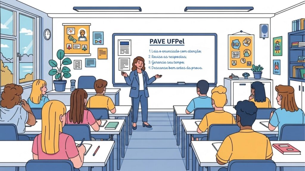 Professora orienta turma sobre a prova PAVE UFPel com dicas escritas no quadro.