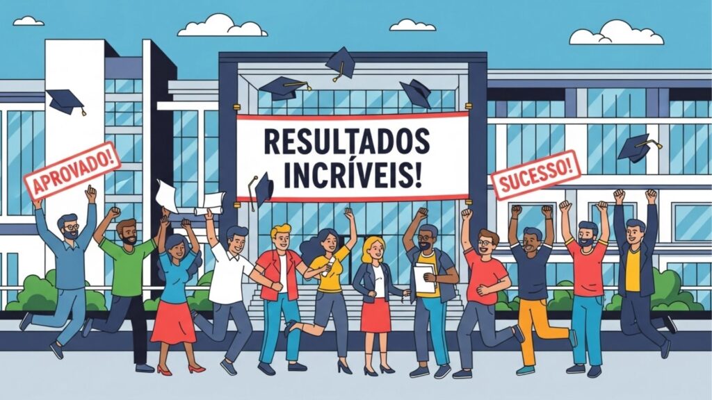 Grupo comemora aprovação com cartazes “RESULTADOS INCRÍVEIS!”, “APROVADO!” e “SUCESSO!”.