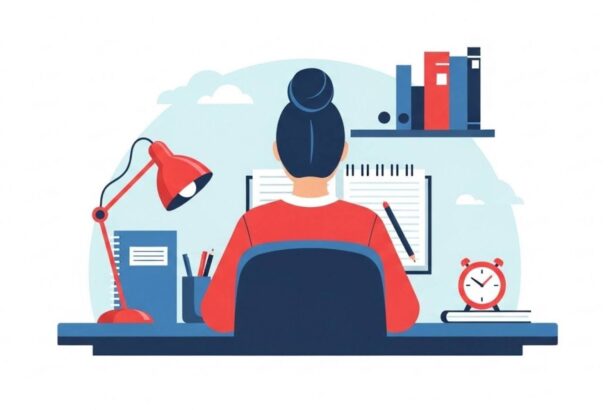 Pessoa estuda em mesa organizada com luminária, cadernos, relógio e livros na estante.