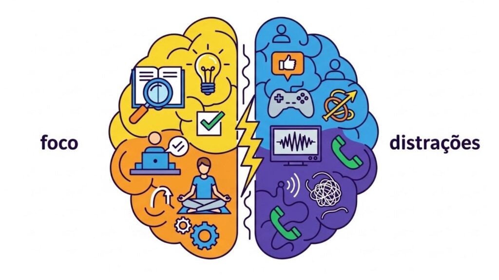 Ilustração de cérebro dividido entre foco (livros, meditação) e distrações (celular, jogos).