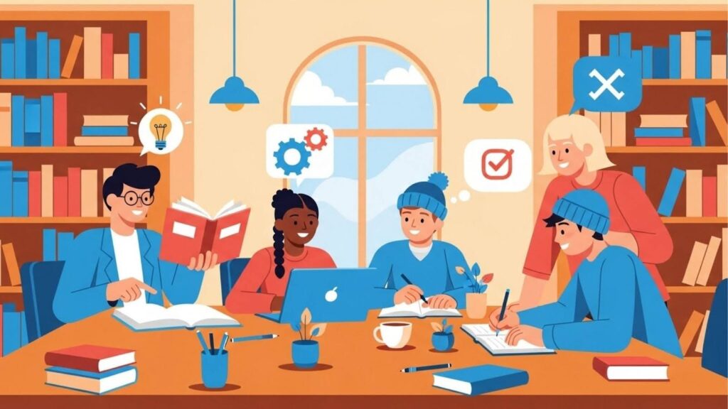 Grupo de estudantes estuda em biblioteca com livros, laptop e ícones de ideias e ferramentas.