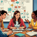 Grupo diverso estuda junto à mesa com livros abertos e fluxograma ao fundo.