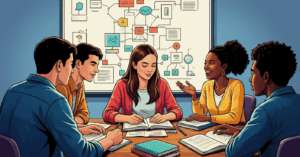 Grupo diverso estuda junto à mesa com livros abertos e fluxograma ao fundo.