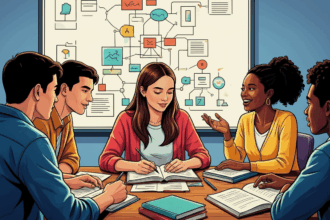 Grupo diverso estuda junto à mesa com livros abertos e fluxograma ao fundo.