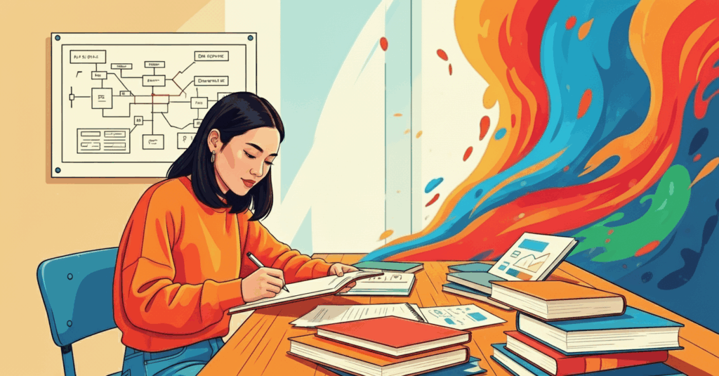 Mulher escreve concentrada em caderno, com pilha de livros e gráficos sobre a mesa.