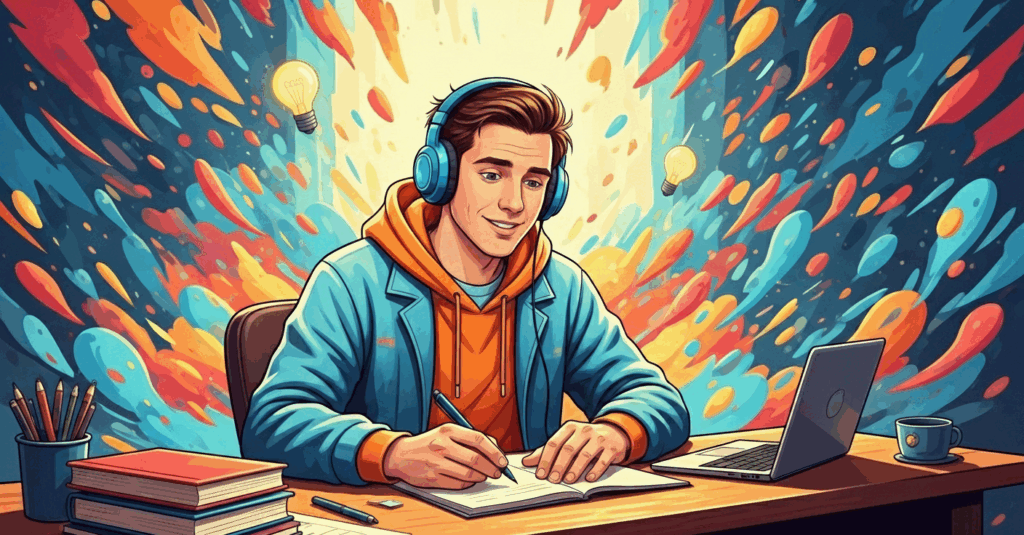 Jovem com fones escreve sorrindo diante de laptop, cercado por livros e cores vibrantes.