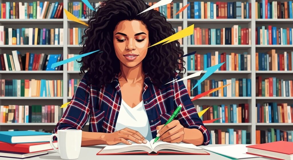Mulher escreve em caderno rodeada por livros em biblioteca, com traços coloridos ao redor.