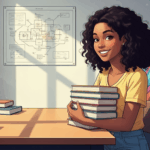 Jovem sorri segurando pilha de livros em sala iluminada com quadro de diagramas ao fundo.