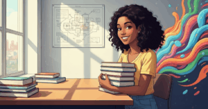 Jovem sorri segurando pilha de livros em sala iluminada com quadro de diagramas ao fundo.