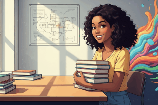 Jovem sorri segurando pilha de livros em sala iluminada com quadro de diagramas ao fundo.