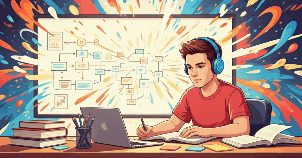 Rapaz com fones estuda em frente ao laptop, com gráficos coloridos e livros na mesa.