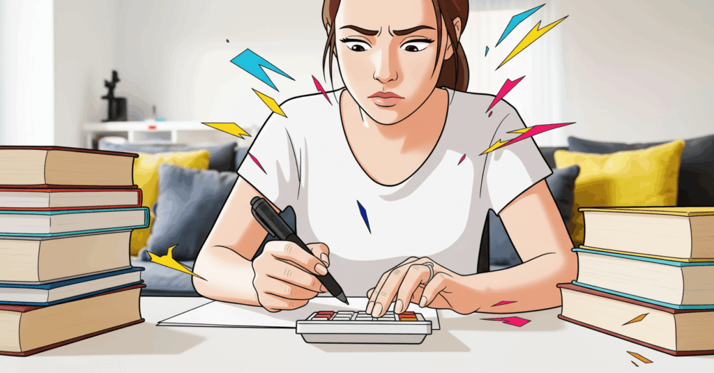 Mulher concentra-se ao resolver cálculo com calculadora, cercada por livros e tensão visual.