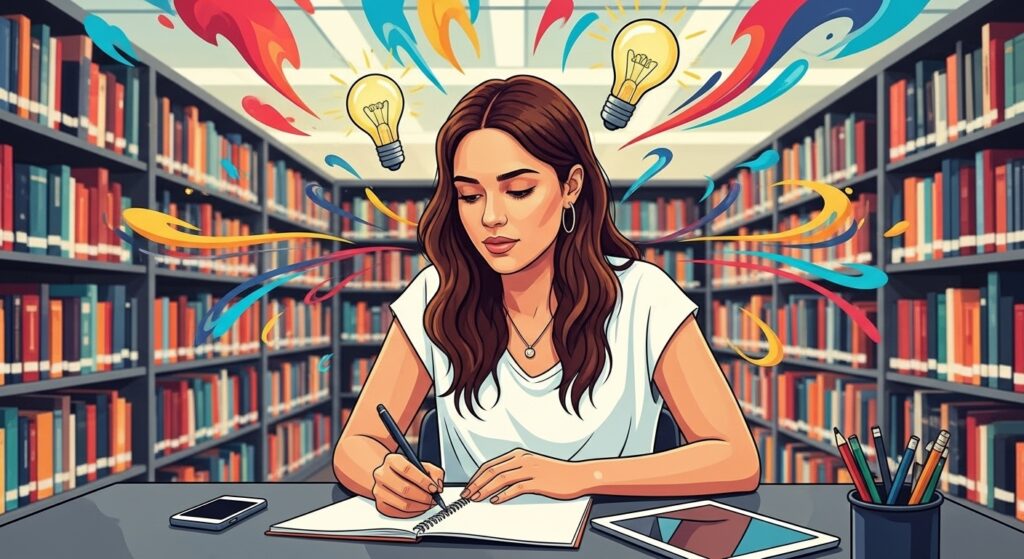 Mulher escreve em caderno em biblioteca com expressão focada, luzes e cores simbolizando inspiração.