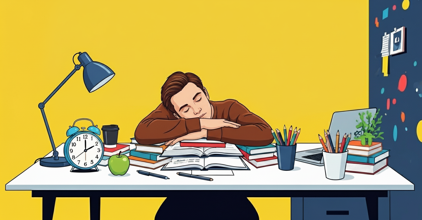 Rapaz dorme sobre livros abertos em mesa de estudos com relógio, luminária e lápis.