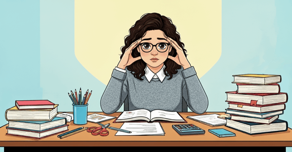 Estudante com expressão preocupada segura a cabeça entre pilhas de livros e materiais sobre a mesa.