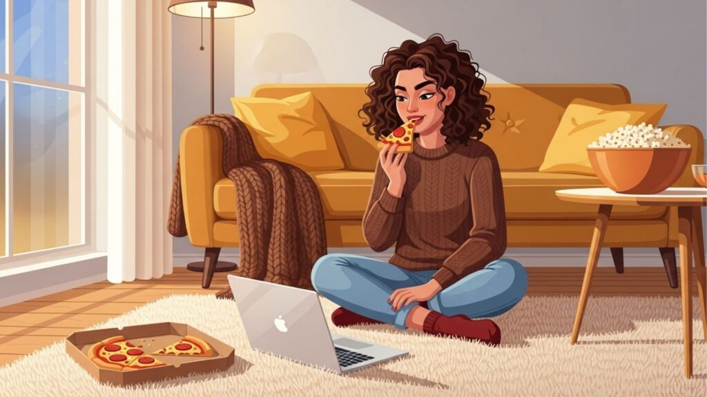 Mulher sentada no tapete come pizza diante do notebook com sofá e tigela de pipoca ao fundo.