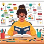 Estudante lê livro entre pilhas e materiais escolares, com quadro de estudos e mapas mentais ao fundo.