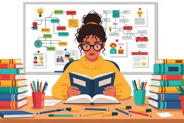 Estudante lê livro entre pilhas e materiais escolares, com quadro de estudos e mapas mentais ao fundo.