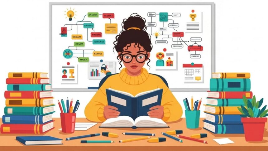 Estudante lê livro entre pilhas e materiais escolares, com quadro de estudos e mapas mentais ao fundo.