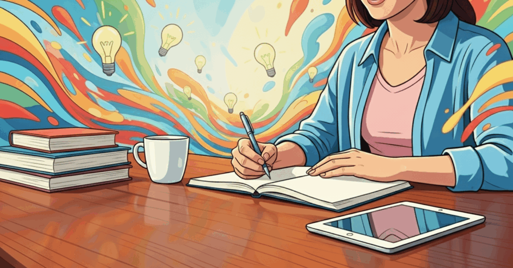Mulher escreve em caderno com tablet e livros na mesa, luzes e cores representando criatividade ao fundo.