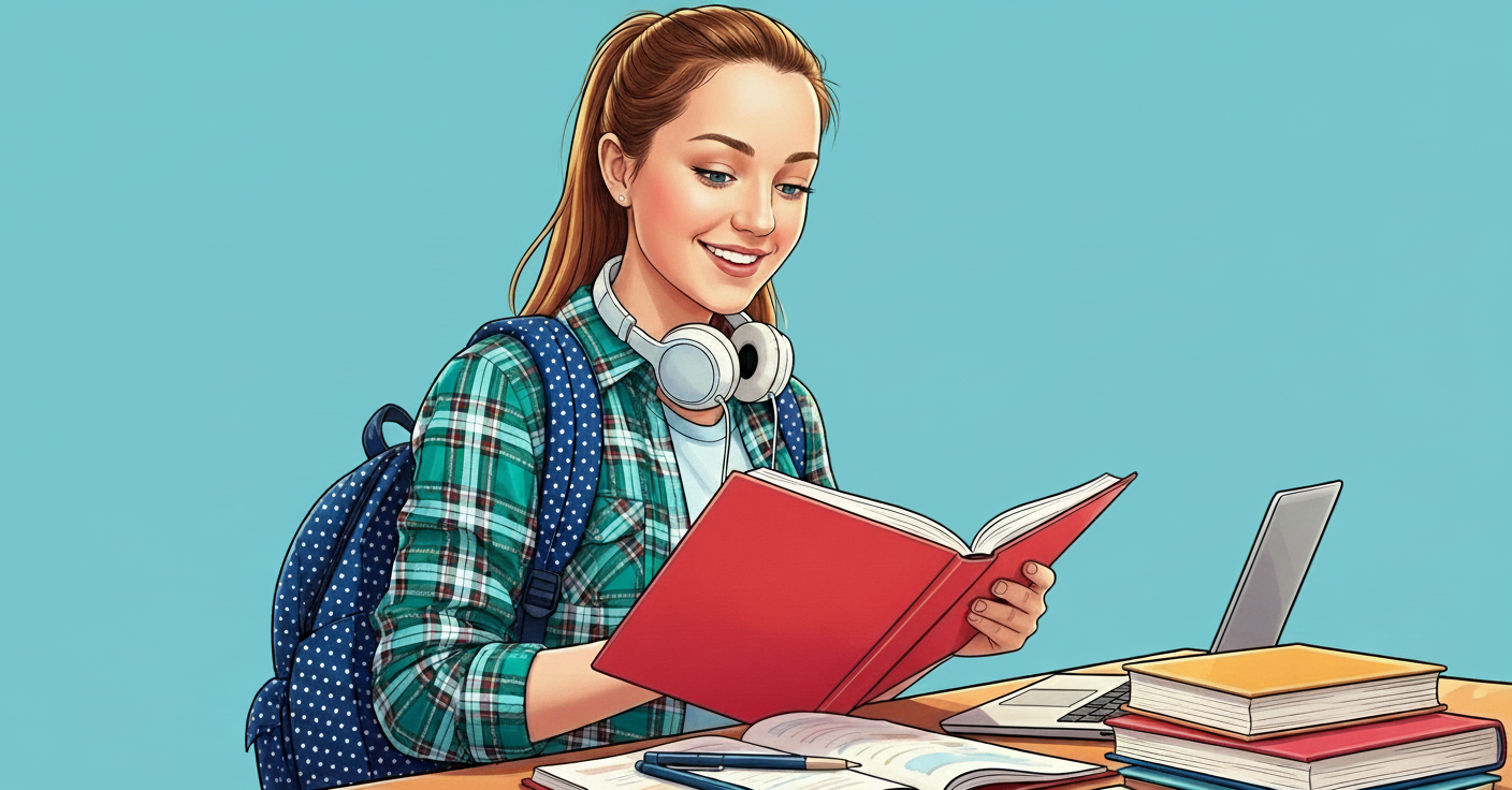 Estudante com mochila e fones de ouvido lê livro vermelho, com laptop e materiais sobre a mesa.