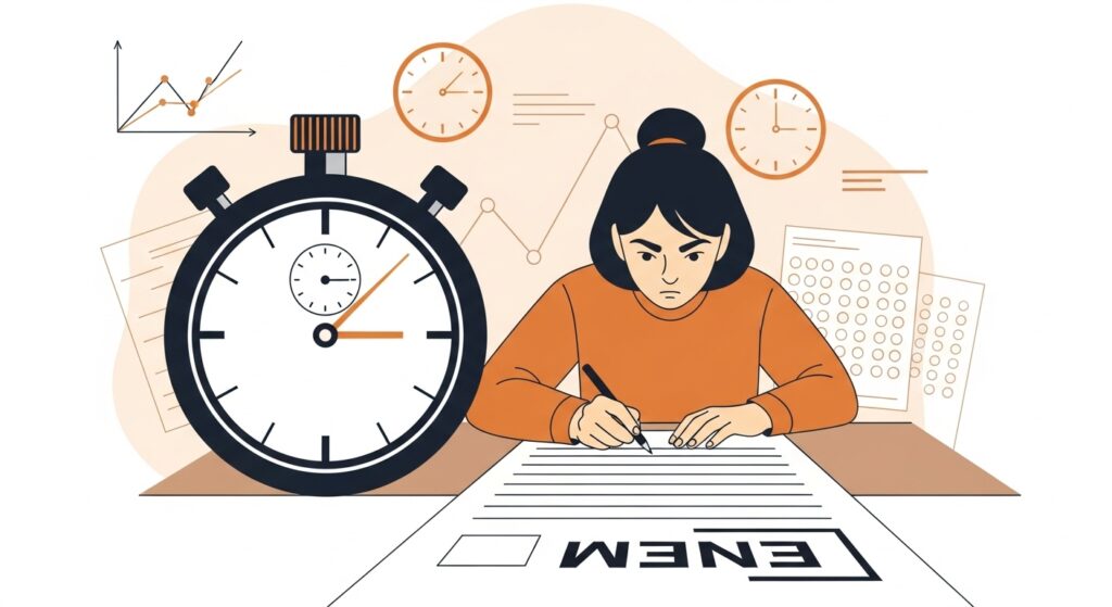 Estudante concentrada resolvendo prova do ENEM com relógios e gráfico ao fundo, ao lado de um cronômetro.