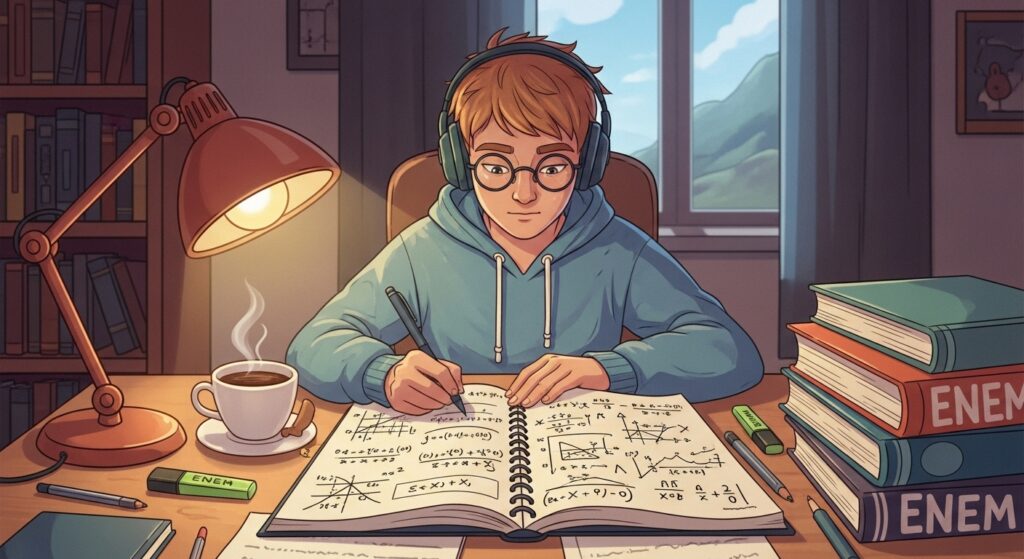 Estudante com fones de ouvido resolvendo exercícios de matemática em caderno, com livros do ENEM e café na mesa.