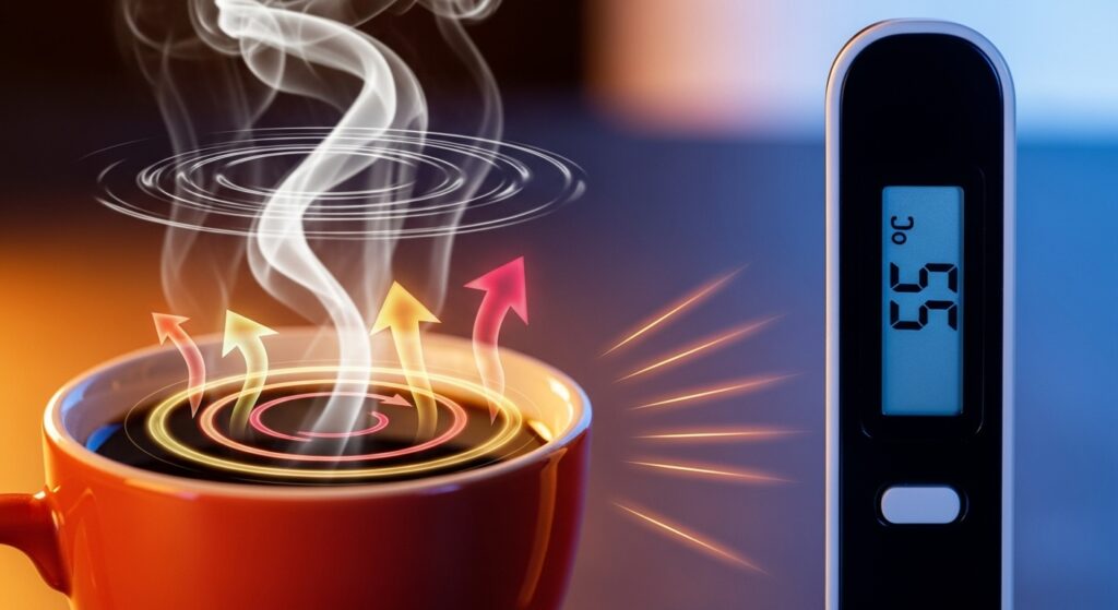 Caneca com líquido quente liberando vapor e setas ilustrativas, ao lado de termômetro marcando 55 °C.