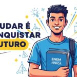 Jovem sorridente com mochila segurando livro “ENEM Física” ao lado da frase “Estudar é conquistar o futuro”.
