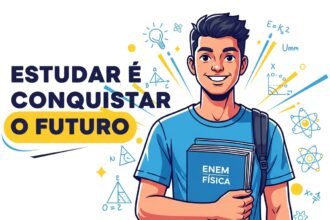 Jovem sorridente com mochila segurando livro “ENEM Física” ao lado da frase “Estudar é conquistar o futuro”.