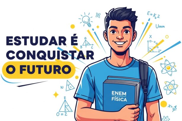 Jovem sorridente com mochila segurando livro “ENEM Física” ao lado da frase “Estudar é conquistar o futuro”.