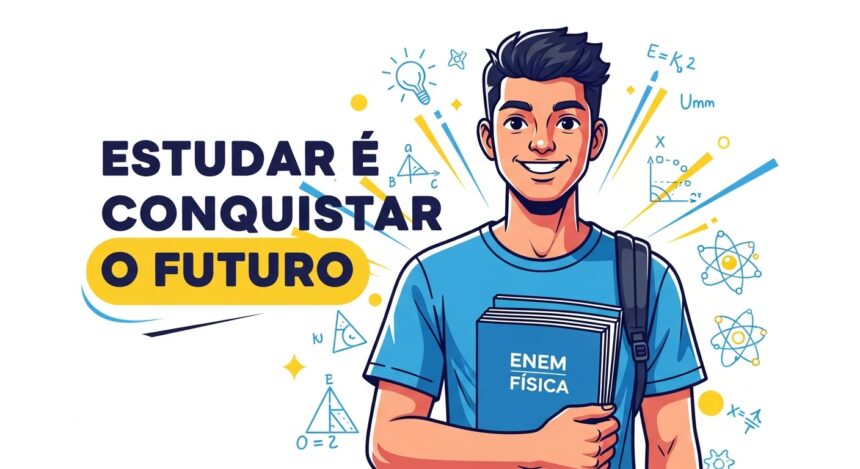 Jovem sorridente com mochila segurando livro “ENEM Física” ao lado da frase “Estudar é conquistar o futuro”.