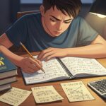 Estudante concentrado resolvendo exercícios de matemática com livros, anotações e calculadora na mesa.