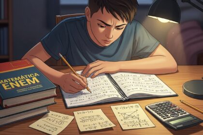Estudante concentrado resolvendo exercícios de matemática com livros, anotações e calculadora na mesa.