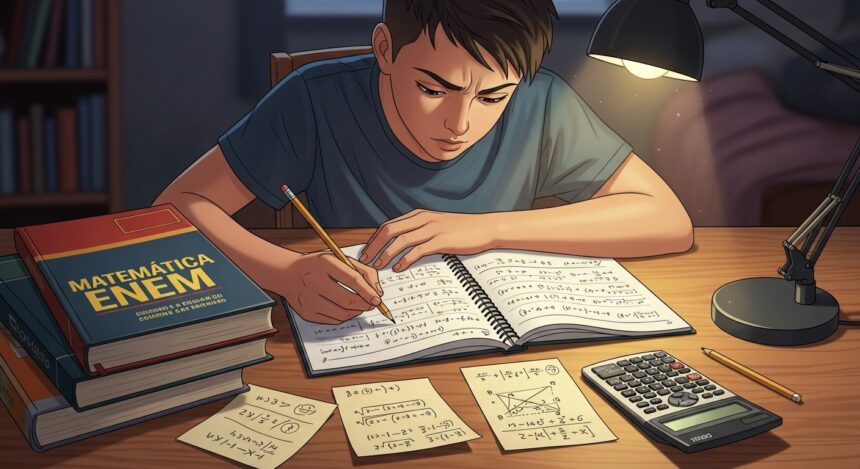 Estudante concentrado resolvendo exercícios de matemática com livros, anotações e calculadora na mesa.
