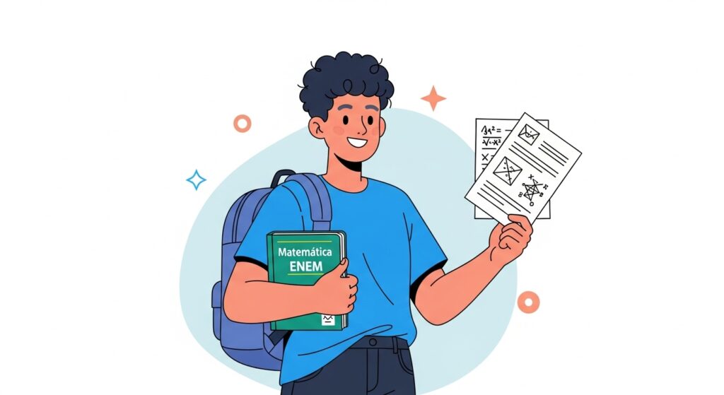 Jovem com mochila segurando livro “Matemática ENEM” e folhas com exercícios resolvidos.