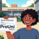Jovem sorrindo em frente à universidade federal segurando cartaz “Bolsa de estudo – ProUni Medicina”.