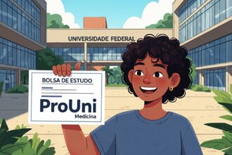 Jovem sorrindo em frente à universidade federal segurando cartaz “Bolsa de estudo – ProUni Medicina”.