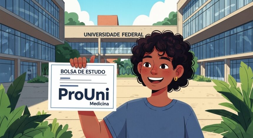 Jovem sorrindo em frente à universidade federal segurando cartaz “Bolsa de estudo – ProUni Medicina”.