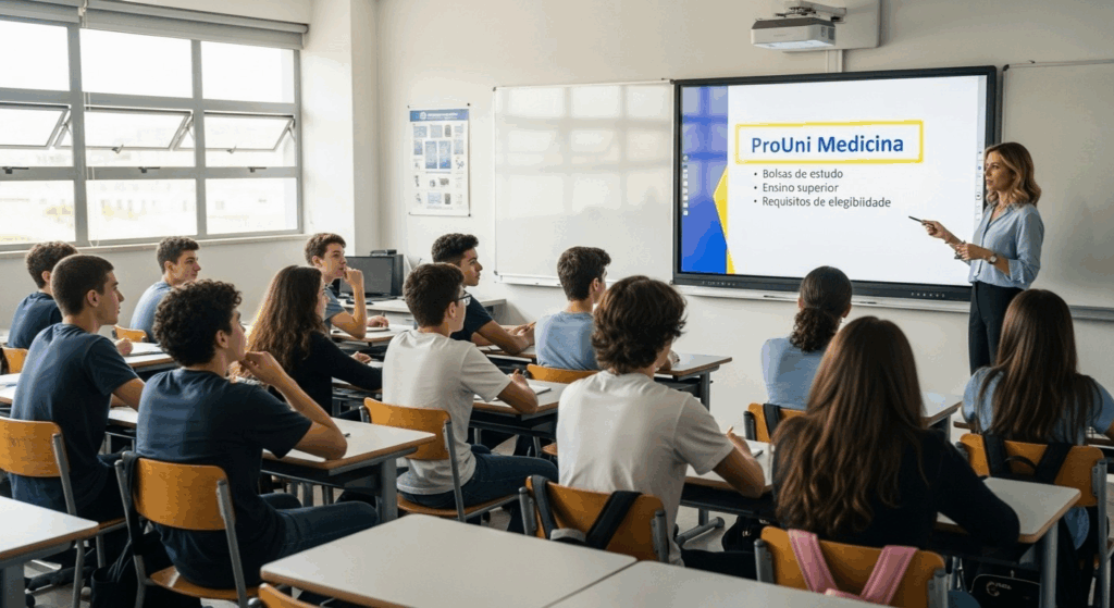 Professora explicando “ProUni Medicina” em sala de aula, com lista de requisitos em tela para alunos atentos.