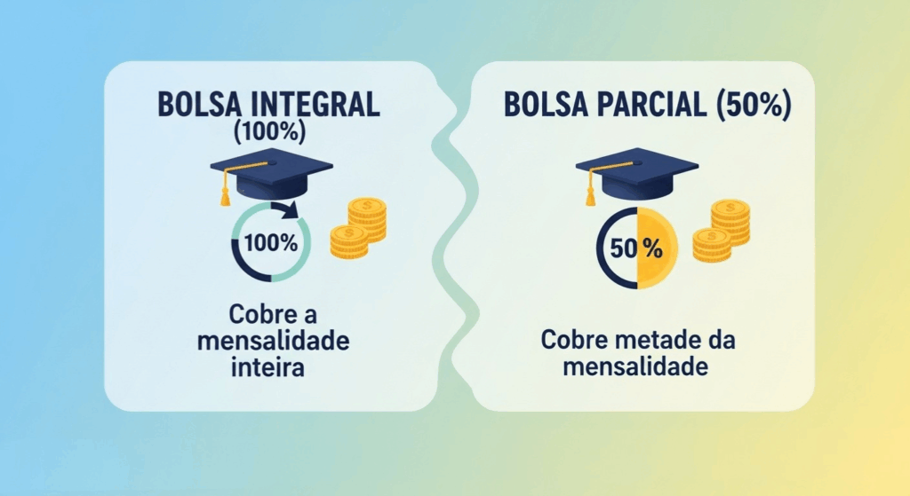 Comparação entre bolsa integral, que cobre 100% da mensalidade, e bolsa parcial, que cobre 50%.