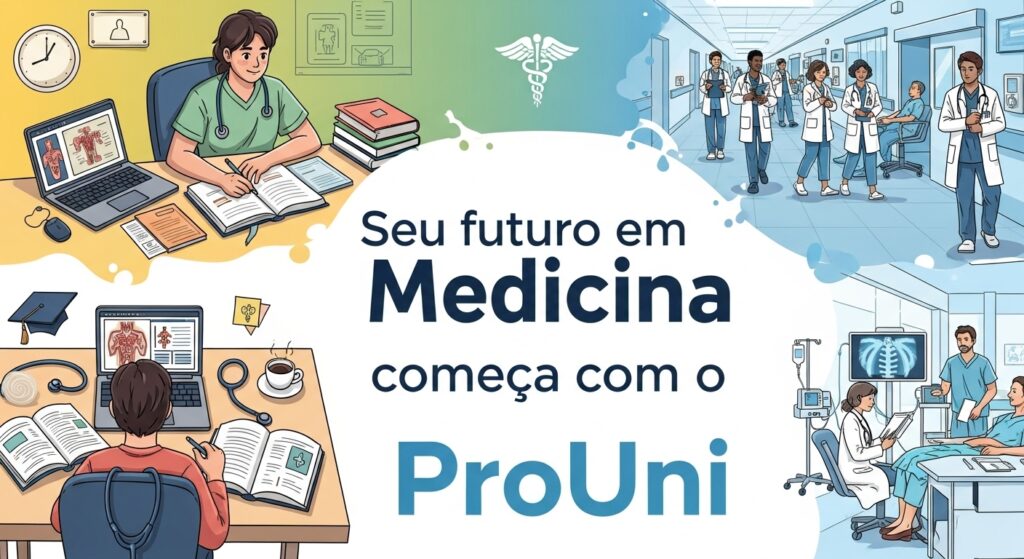 Estudantes e profissionais de medicina em ambientes de estudo e hospitalar ao redor da frase “Seu futuro em Medicina começa com o ProUni”.