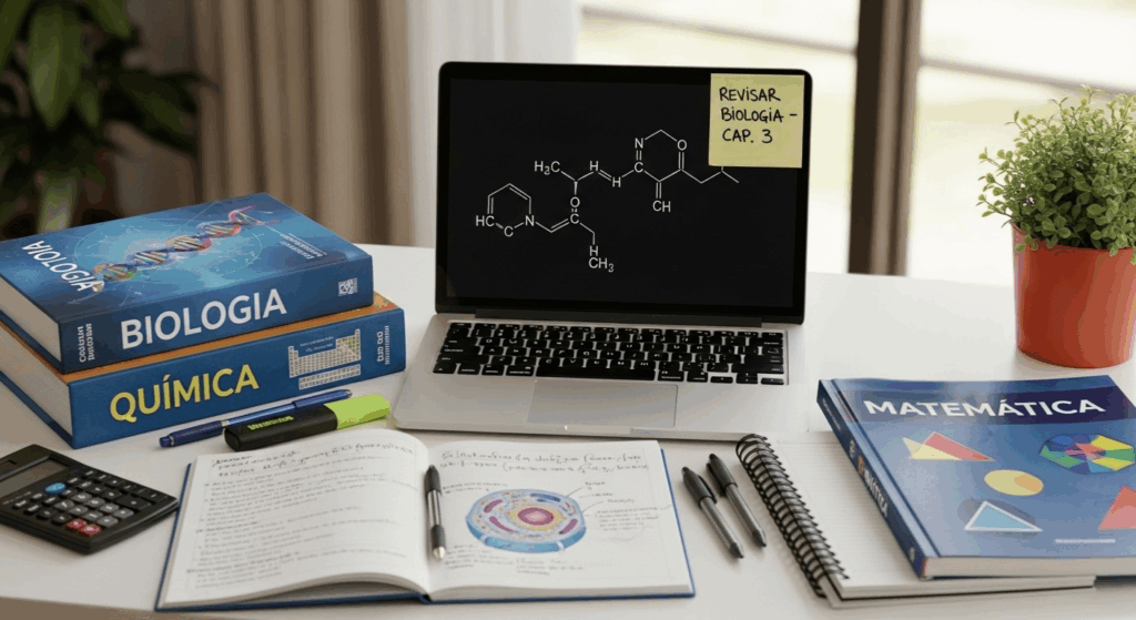 Mesa de estudos com livros de biologia, química e matemática, caderno aberto, laptop com fórmula e lembrete “Revisar biologia – cap. 3”.