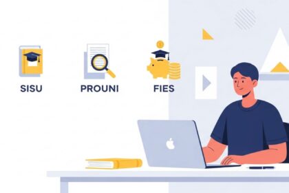 Ilustração de estudante usando notebook em mesa com livros, ao lado dos ícones do SISU, PROUNI e FIES.