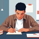 Jovem escrevendo em caderno sobre a mesa com livros empilhados e folhas de anotações.