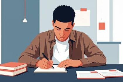 Jovem escrevendo em caderno sobre a mesa com livros empilhados e folhas de anotações.