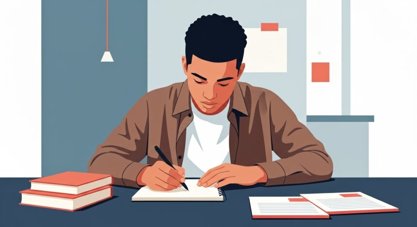 Jovem escrevendo em caderno sobre a mesa com livros empilhados e folhas de anotações.